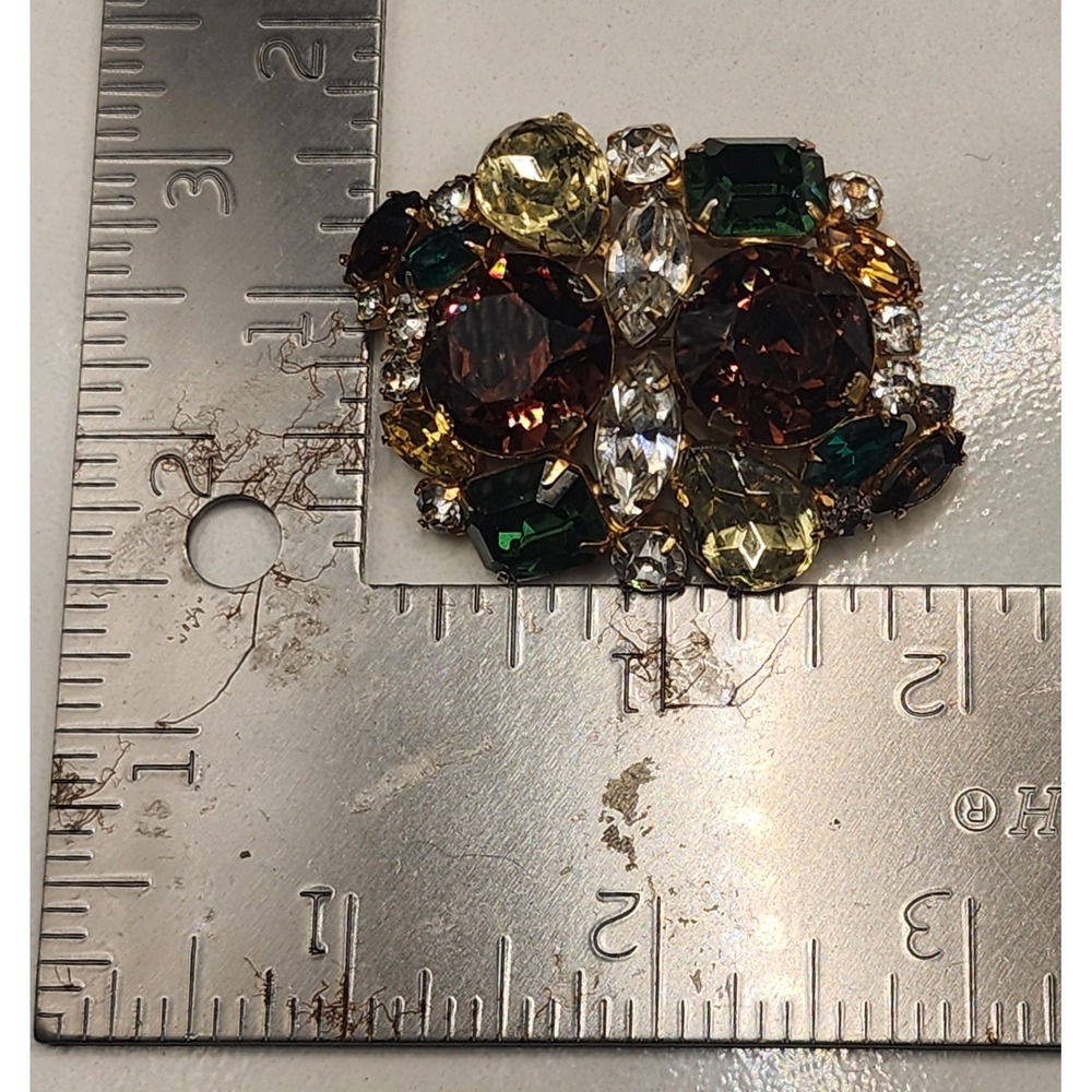 Vintage Multi Color Rhinestone Cluster Brooch Gold Tone Brown Green Yellow - Picture 4 of 5